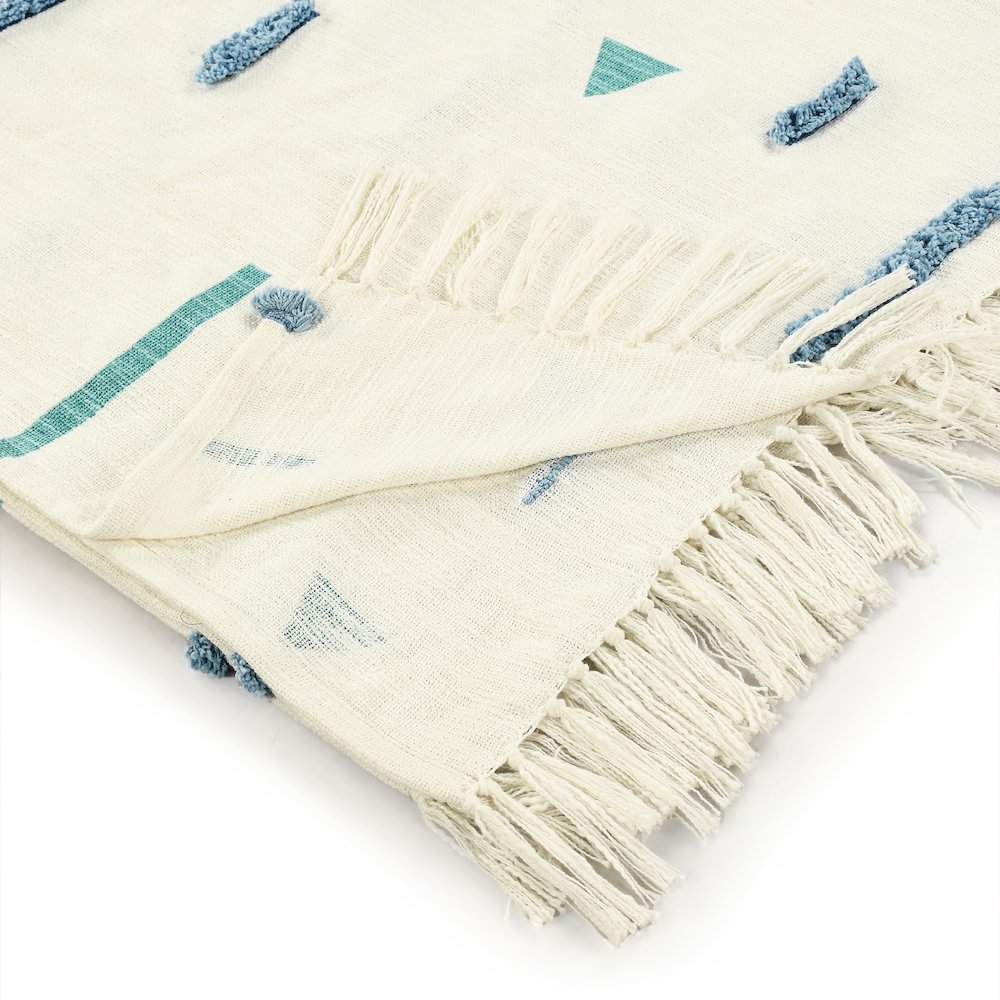 Cream/Blue Geometric Hand-Woven All-Natural Cotton Throw Blanket. Picture 3