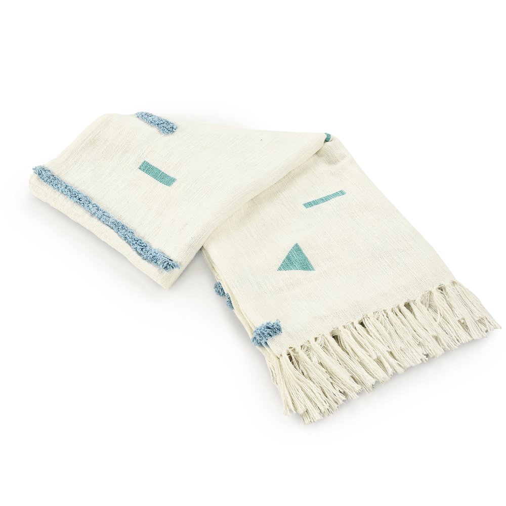 Cream/Blue Geometric Hand-Woven All-Natural Cotton Throw Blanket. Picture 4
