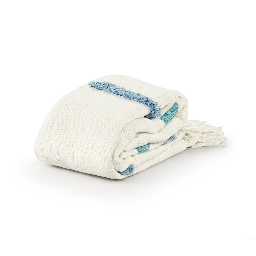 Cream/Blue Geometric Hand-Woven All-Natural Cotton Throw Blanket. Picture 6