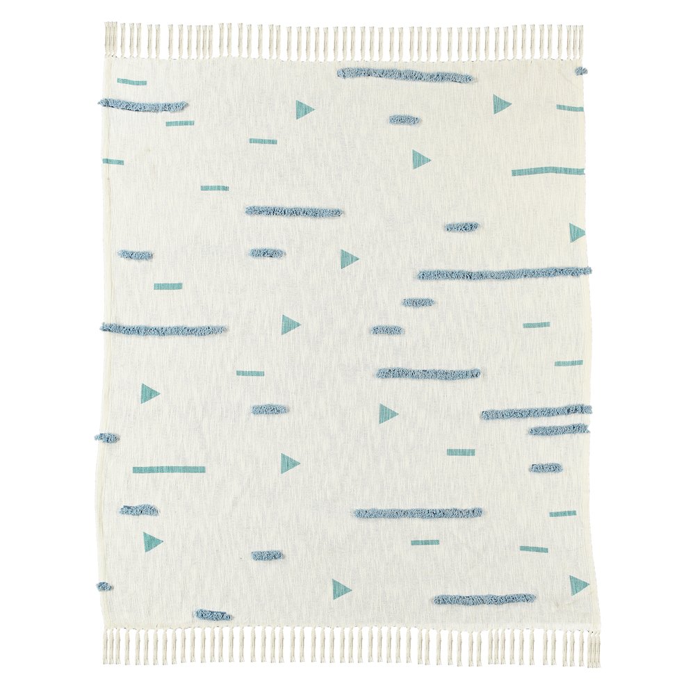 Cream/Blue Geometric Hand-Woven All-Natural Cotton Throw Blanket. Picture 1