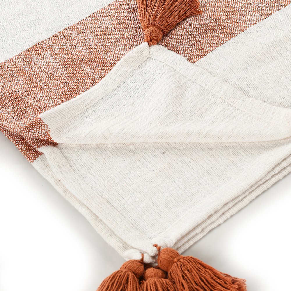 Borderline Striped Hand-Woven All-Natural Cotton Throw Blanket, Orange. Picture 3