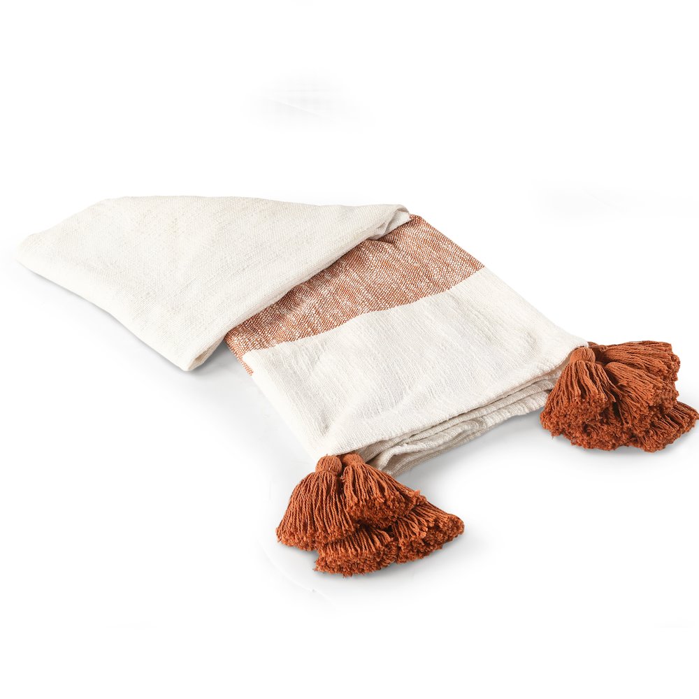 Borderline Striped Hand-Woven All-Natural Cotton Throw Blanket, Orange. Picture 4