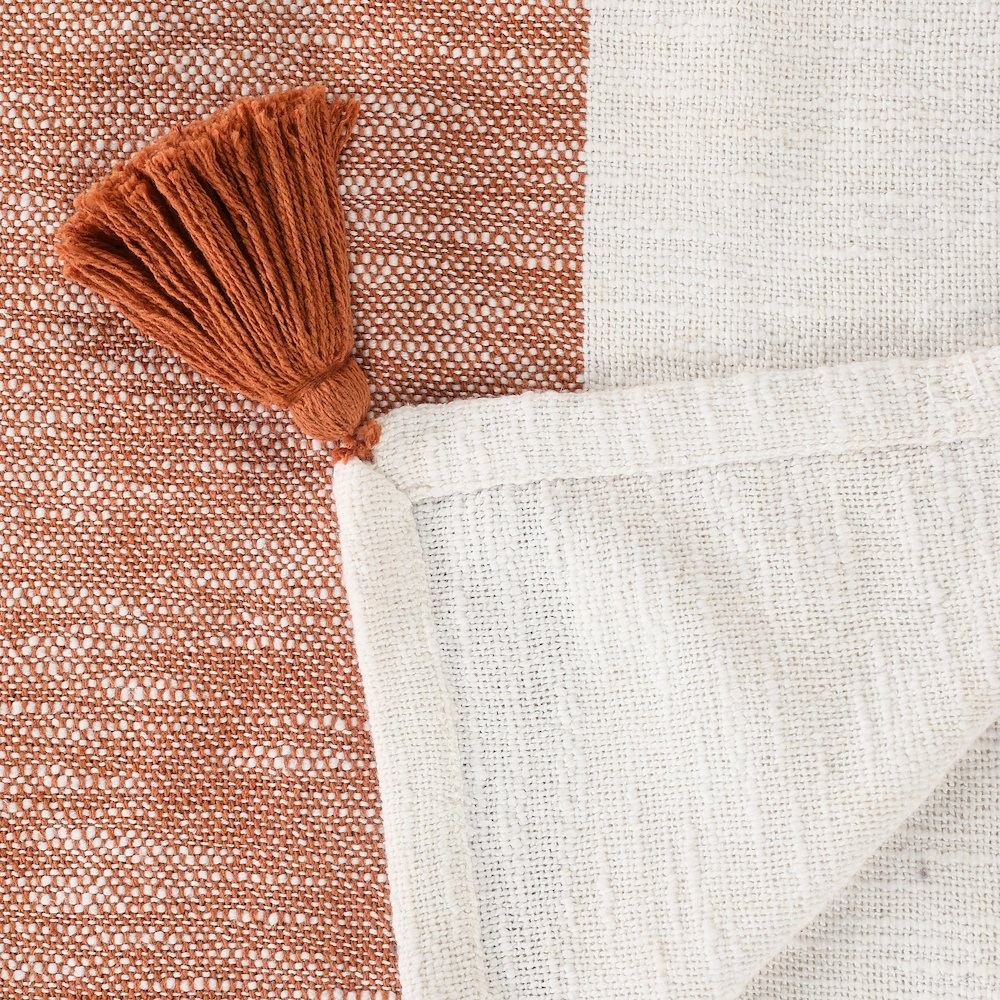 Borderline Striped Hand-Woven All-Natural Cotton Throw Blanket, Orange. Picture 5