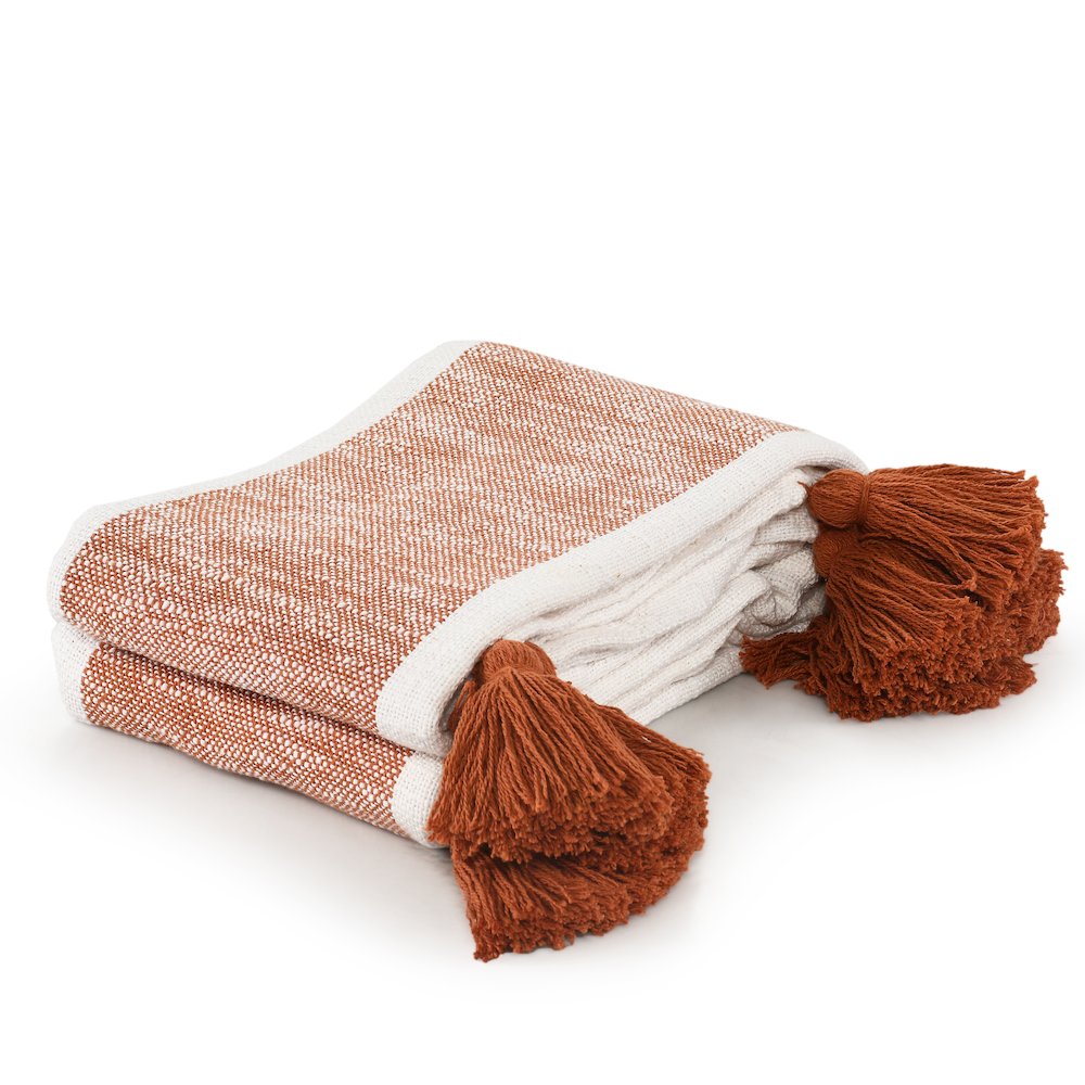 Borderline Striped Hand-Woven All-Natural Cotton Throw Blanket, Orange. Picture 6
