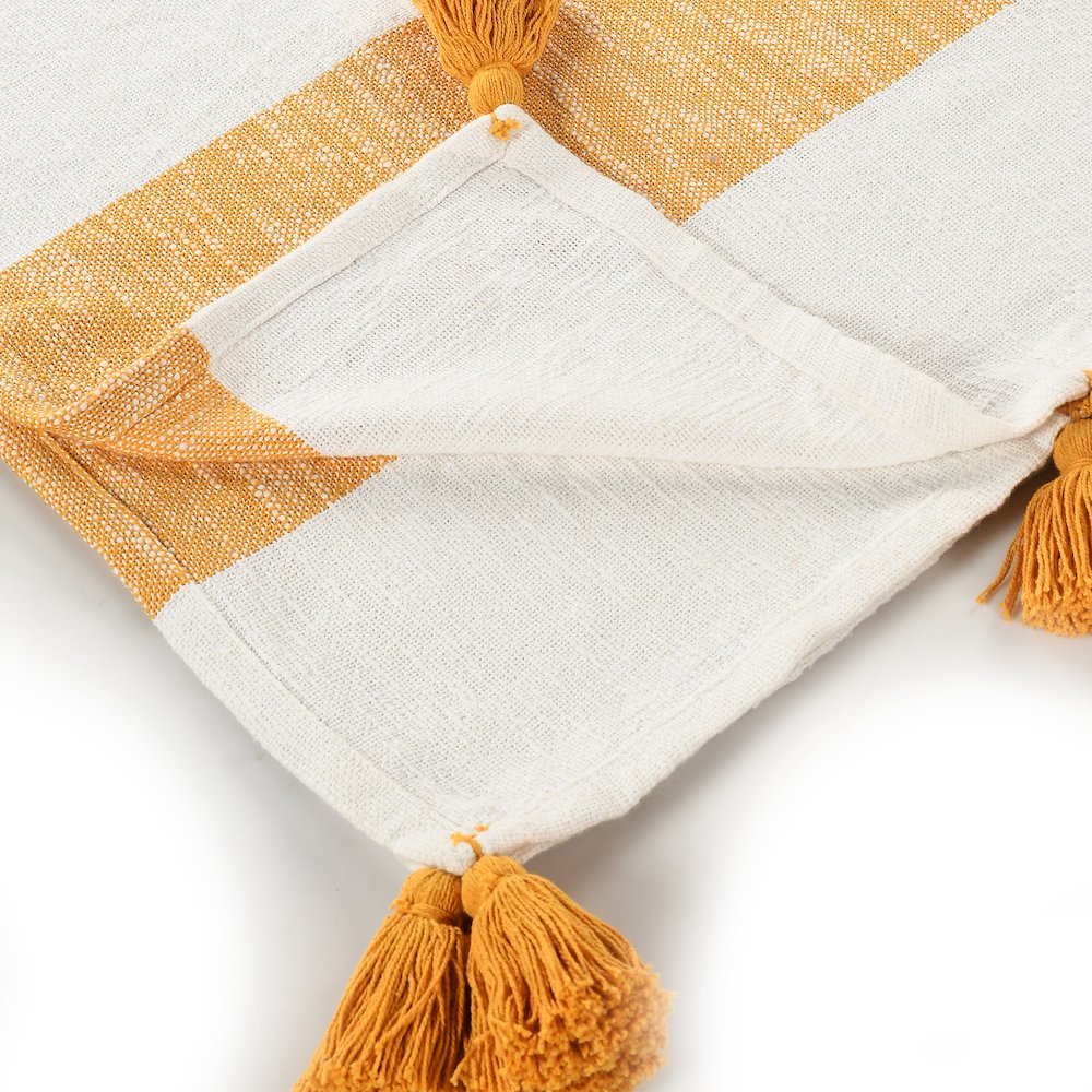 Borderline Striped Hand-Woven All-Natural Cotton Throw Blanket, Yellow. Picture 3
