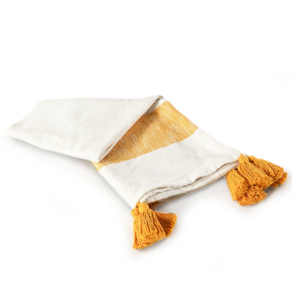 Borderline Striped Hand-Woven All-Natural Cotton Throw Blanket, Yellow. Picture 4