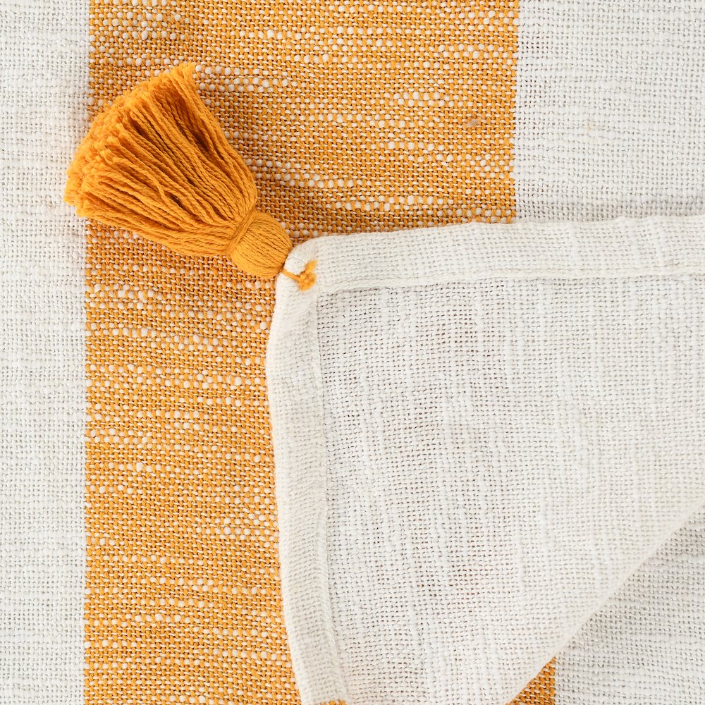 Borderline Striped Hand-Woven All-Natural Cotton Throw Blanket, Yellow. Picture 5