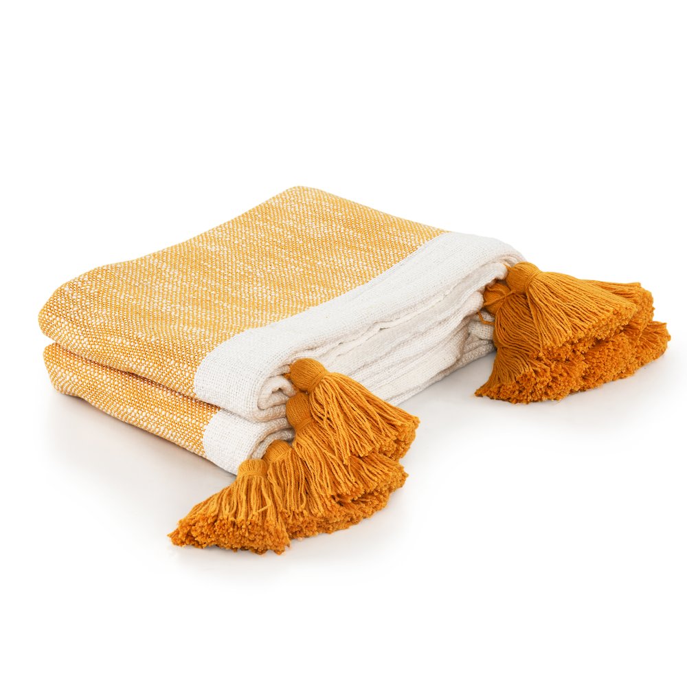 Borderline Striped Hand-Woven All-Natural Cotton Throw Blanket, Yellow. Picture 6