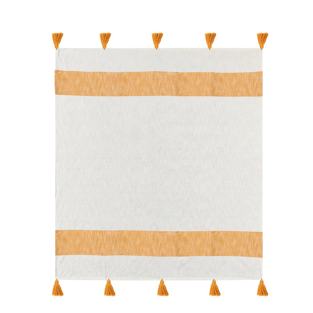 Borderline Striped Hand-Woven All-Natural Cotton Throw Blanket, Yellow. Picture 1