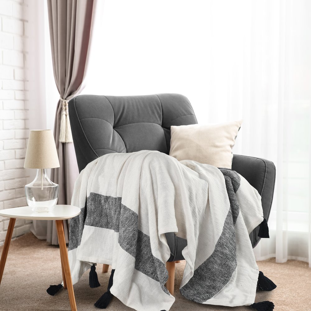 Evette Rios Borderline Striped Hand-Woven All-Natural Cotton Throw Blanket, Blue. Picture 7