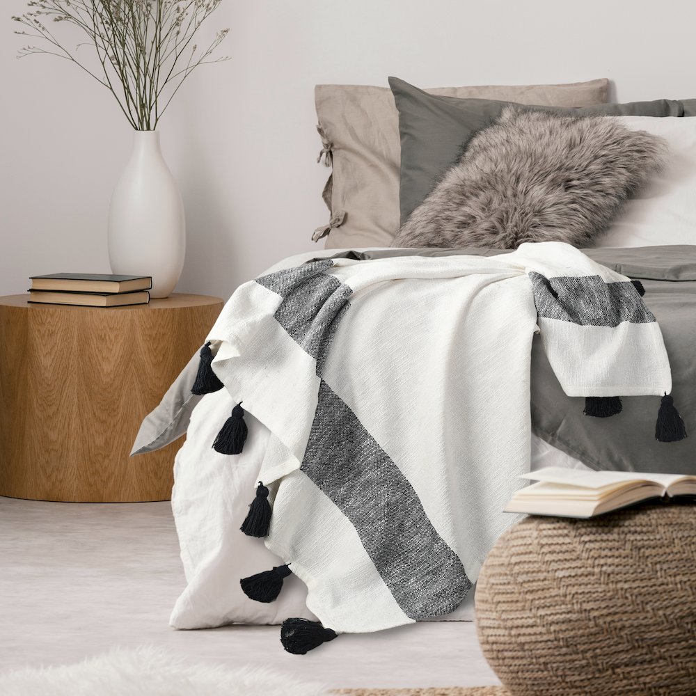 Evette Rios Borderline Striped Hand-Woven All-Natural Cotton Throw Blanket, Blue. Picture 8
