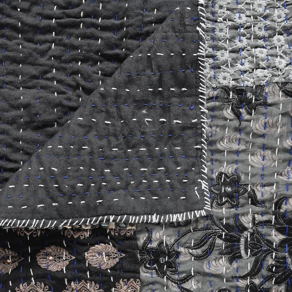 Gray Patchwork Hand-Stitched One-of-a-Kind Cotton Kantha Throw Blanket. Picture 2