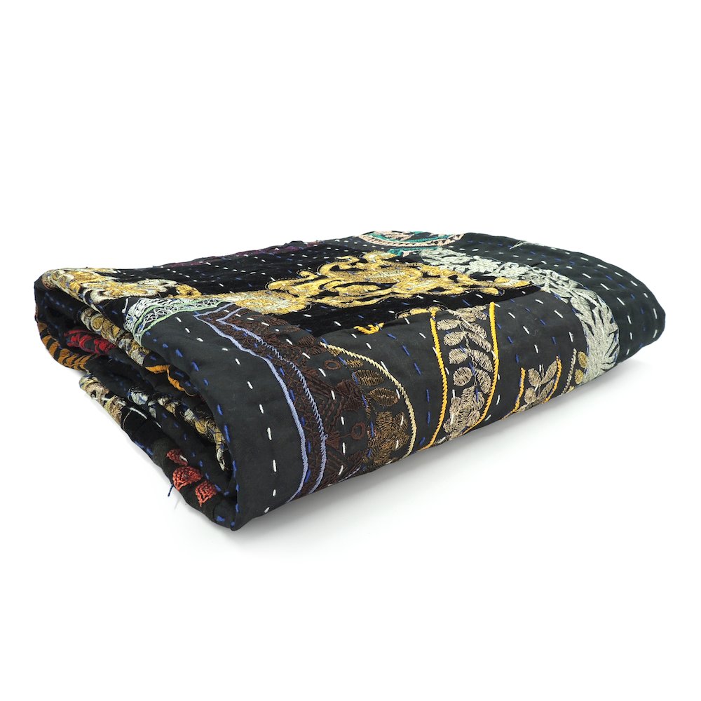 Gray Patchwork Hand-Stitched One-of-a-Kind Cotton Kantha Throw Blanket. Picture 3