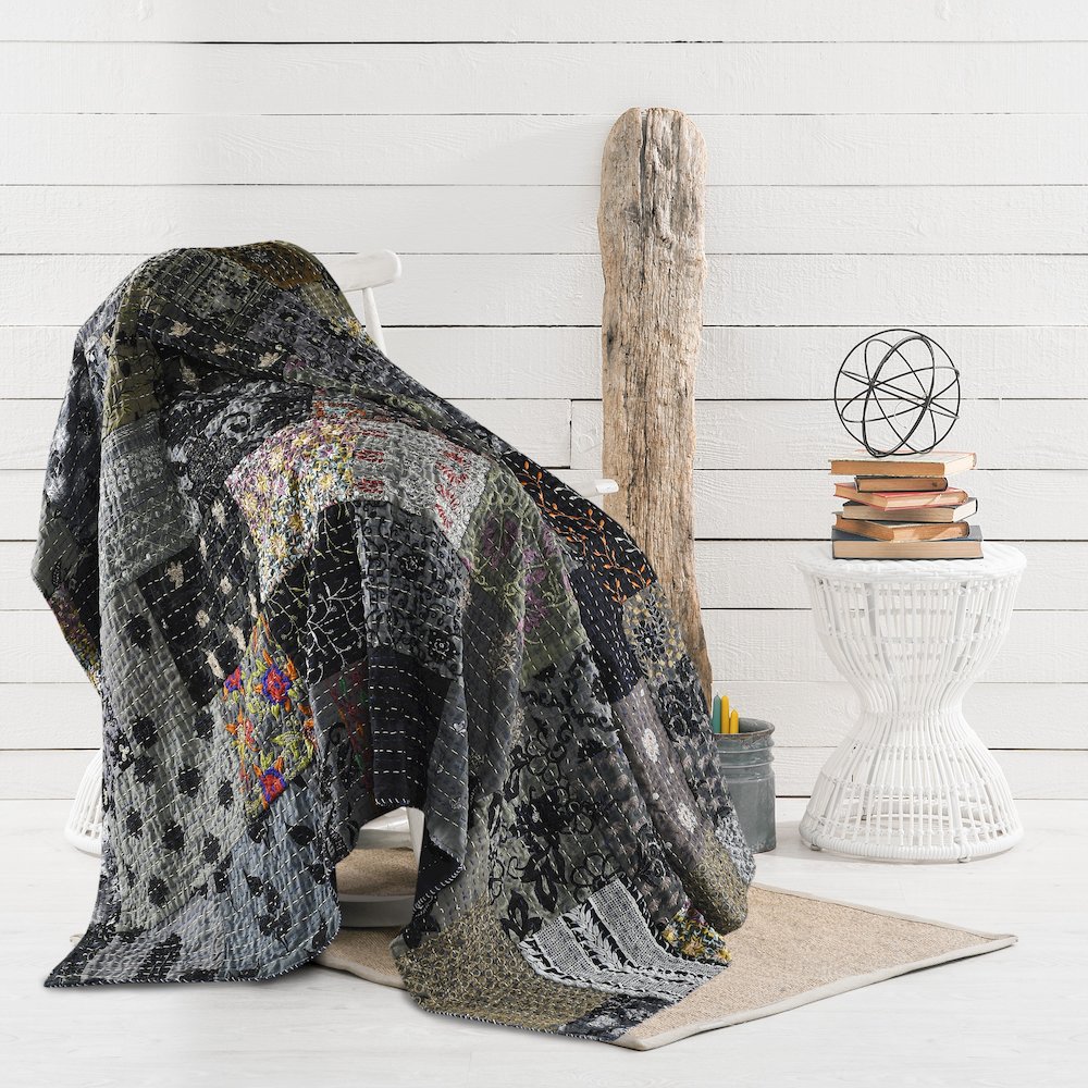 Gray Patchwork Hand-Stitched One-of-a-Kind Cotton Kantha Throw Blanket. Picture 8