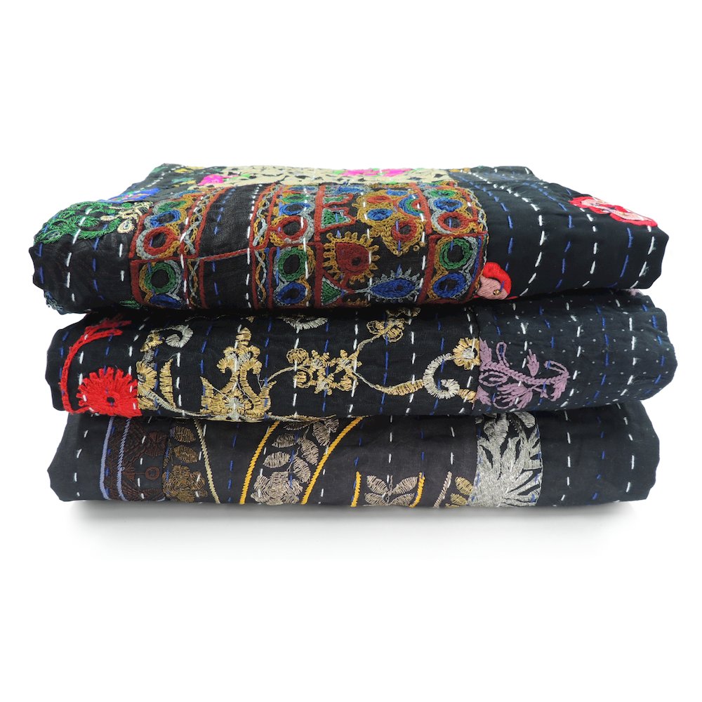Gray Patchwork Hand-Stitched One-of-a-Kind Cotton Kantha Throw Blanket. Picture 6