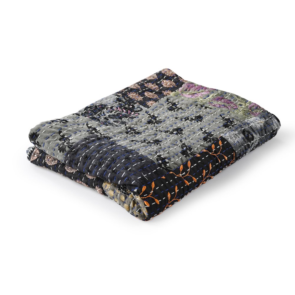 Gray Patchwork Hand-Stitched One-of-a-Kind Cotton Kantha Throw Blanket. Picture 1