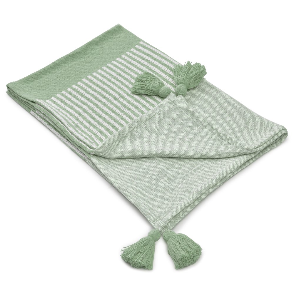 Green/White Striped Hand-Woven All-Natural Cotton Throw Blanket. Picture 2