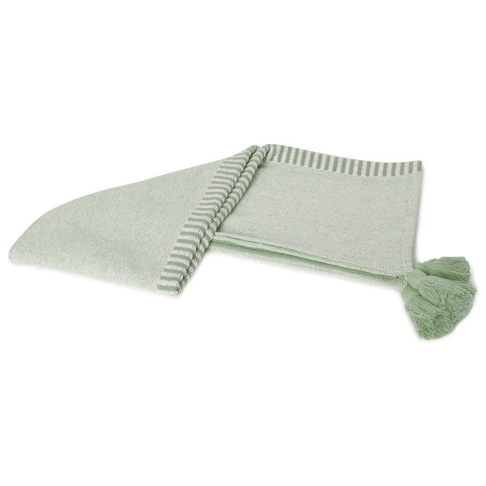 Green/White Striped Hand-Woven All-Natural Cotton Throw Blanket. Picture 4