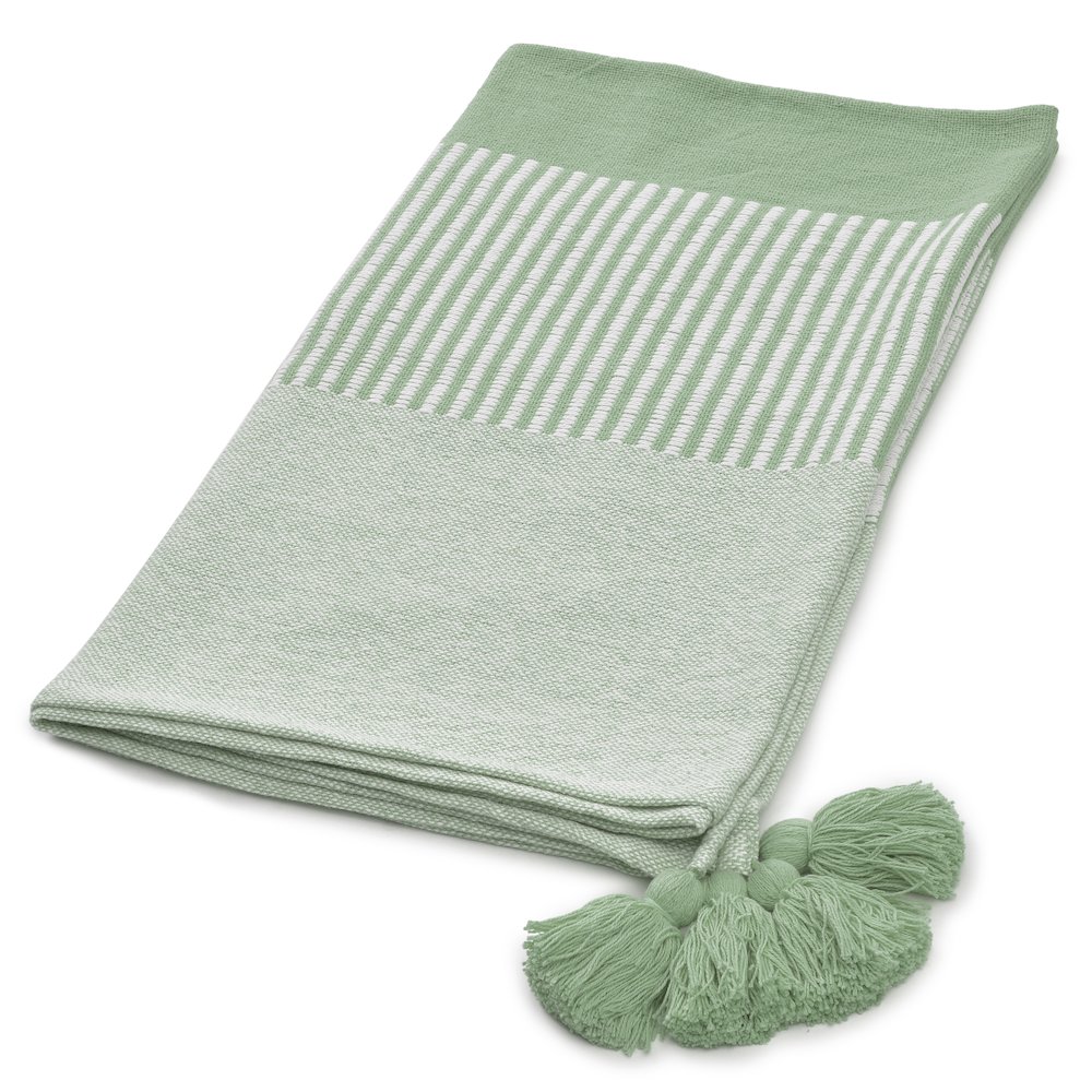Green/White Striped Hand-Woven All-Natural Cotton Throw Blanket. Picture 5