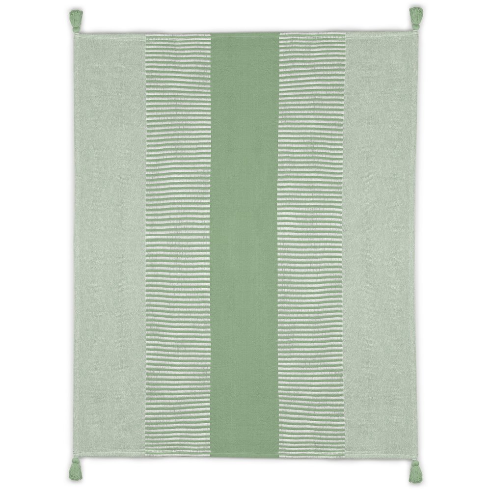 Green/White Striped Hand-Woven All-Natural Cotton Throw Blanket. Picture 1