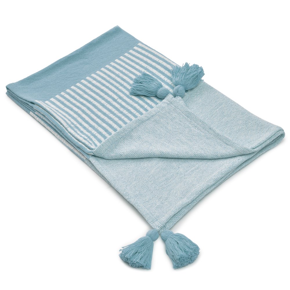 Blue/White Striped Hand-Woven All-Natural Cotton Throw Blanket. Picture 2