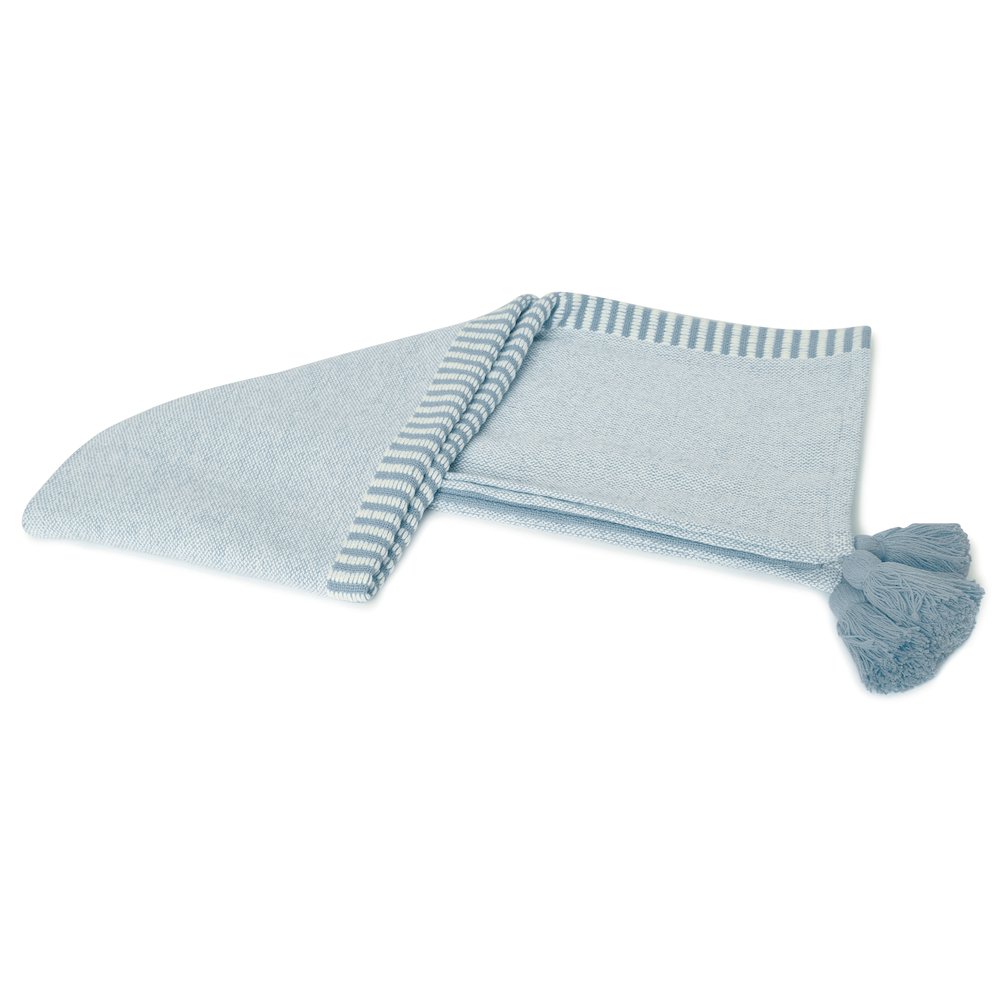 Blue/White Striped Hand-Woven All-Natural Cotton Throw Blanket. Picture 4