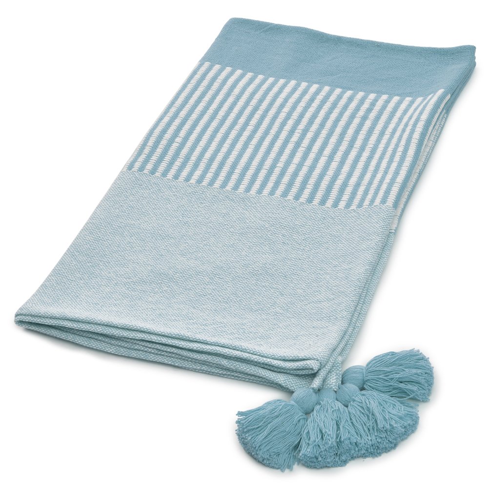 Blue/White Striped Hand-Woven All-Natural Cotton Throw Blanket. Picture 5