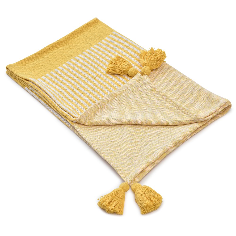Yellow/White Striped Hand-Woven All-Natural Cotton Throw Blanket. Picture 2