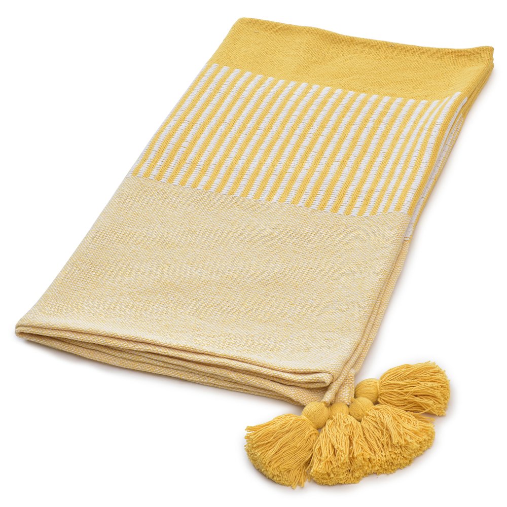Yellow/White Striped Hand-Woven All-Natural Cotton Throw Blanket. Picture 5