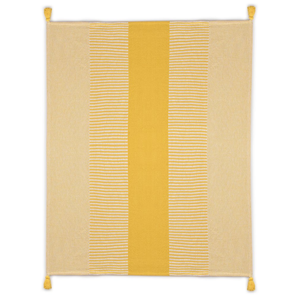Yellow/White Striped Hand-Woven All-Natural Cotton Throw Blanket. Picture 1