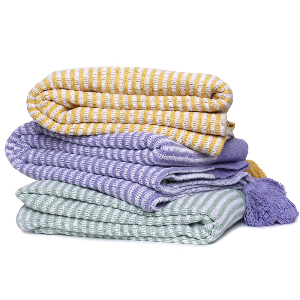Yellow/White Striped Hand-Woven All-Natural Cotton Throw Blanket. Picture 6