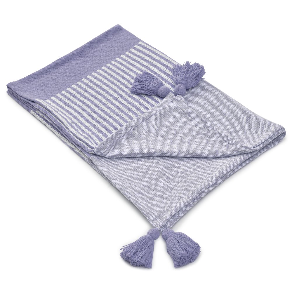 Purple/White Striped Hand-Woven All-Natural Cotton Throw Blanket. Picture 2