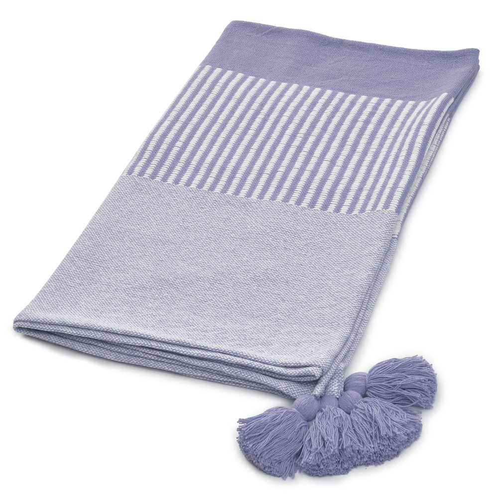 Purple/White Striped Hand-Woven All-Natural Cotton Throw Blanket. Picture 5