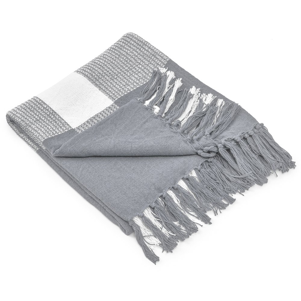 Grey/White Tartan/Plaid Hand-Woven All-Natural Cotton Throw Blanket. Picture 3