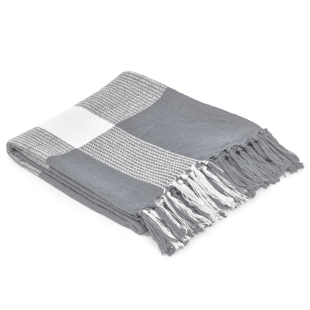 Grey/White Tartan/Plaid Hand-Woven All-Natural Cotton Throw Blanket. Picture 6