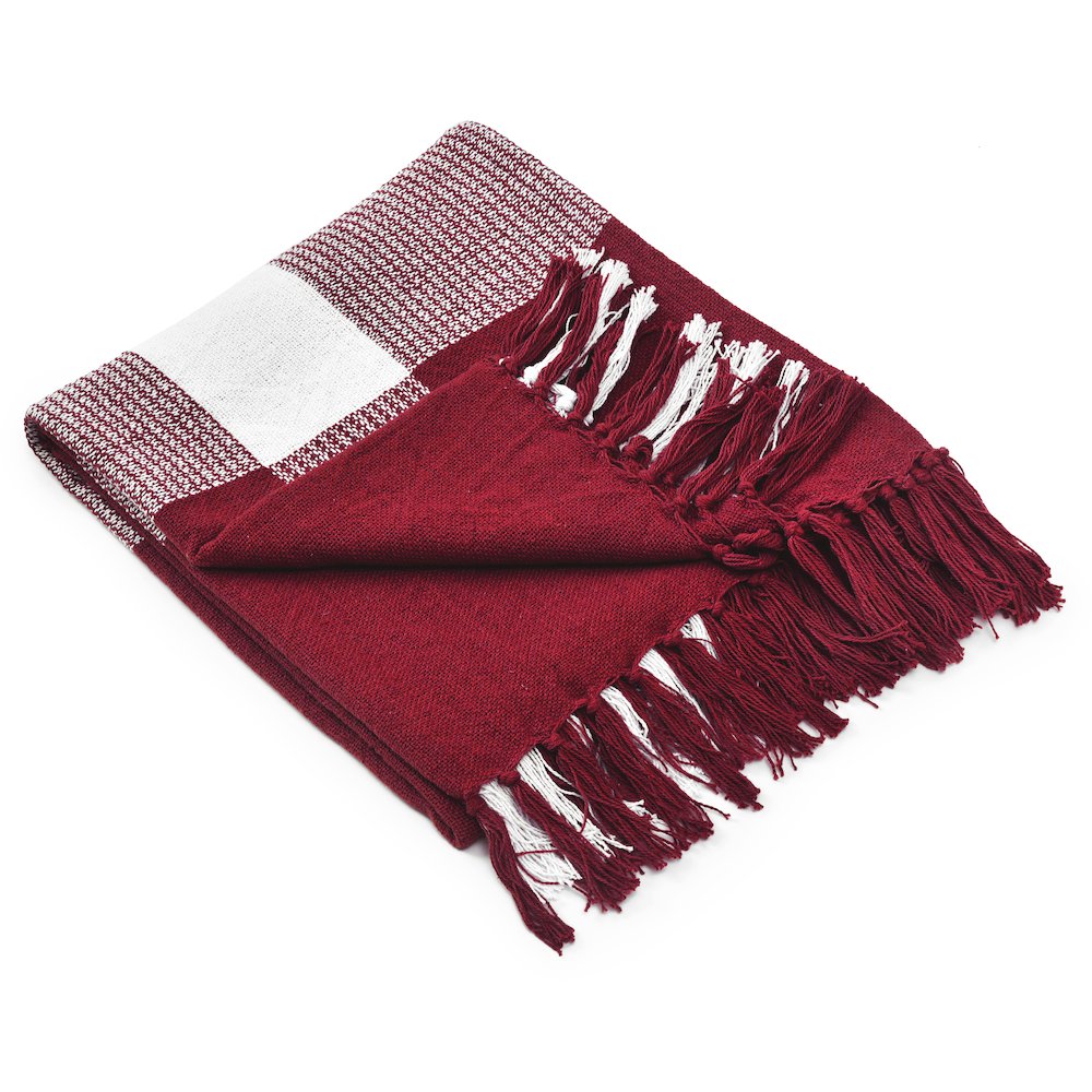 Red/White Tartan/Plaid Hand-Woven All-Natural Cotton Throw Blanket. Picture 3