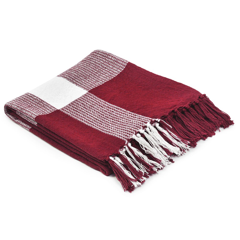 Red/White Tartan/Plaid Hand-Woven All-Natural Cotton Throw Blanket. Picture 6