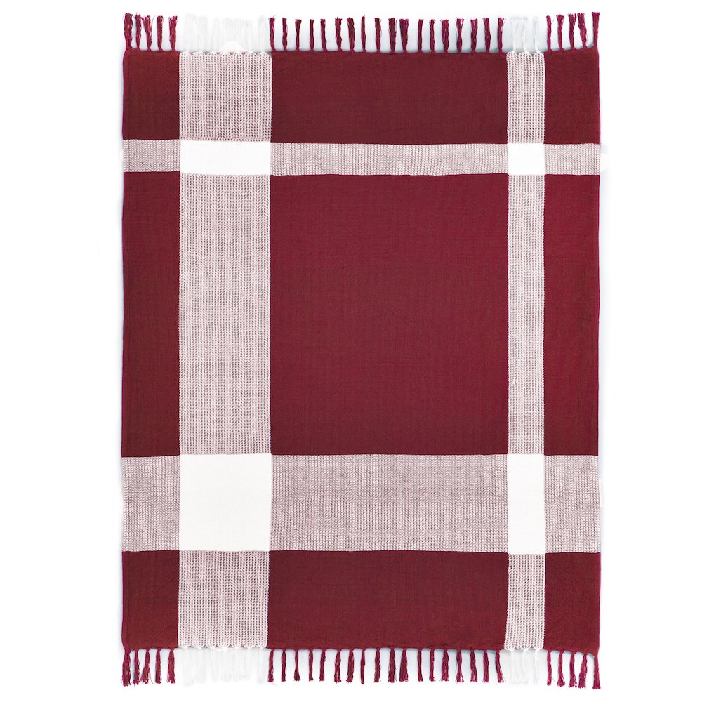 Red/White Tartan/Plaid Hand-Woven All-Natural Cotton Throw Blanket. Picture 1
