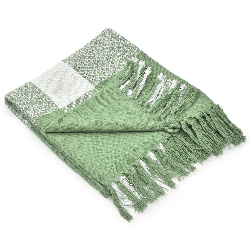 Light Green/White Tartan/Plaid Hand-Woven All-Natural Cotton Throw Blanket. Picture 3
