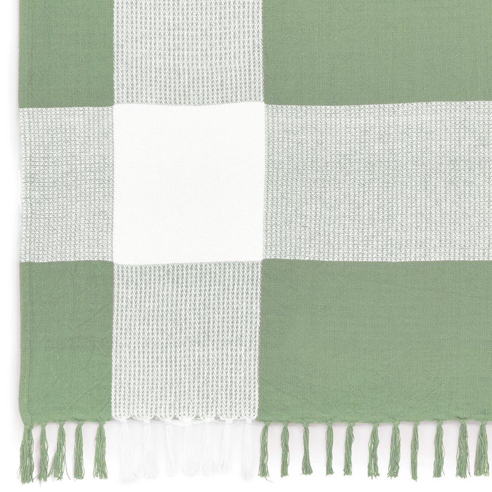 Light Green/White Tartan/Plaid Hand-Woven All-Natural Cotton Throw Blanket. Picture 4