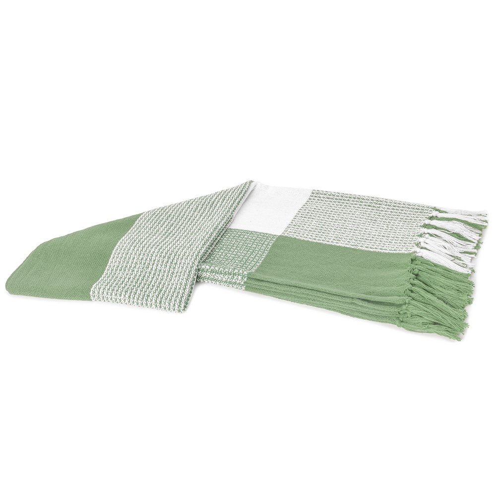 Light Green/White Tartan/Plaid Hand-Woven All-Natural Cotton Throw Blanket. Picture 5