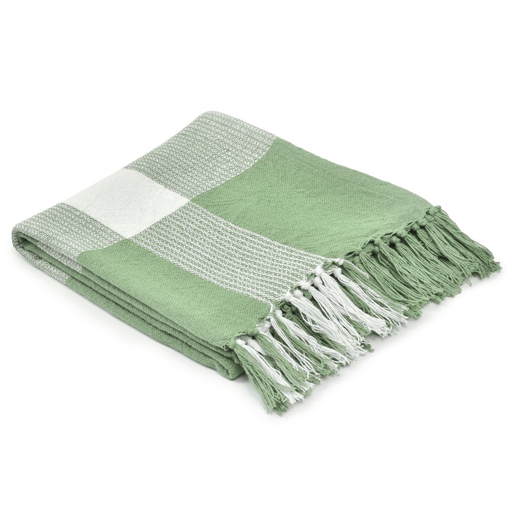 Light Green/White Tartan/Plaid Hand-Woven All-Natural Cotton Throw Blanket. Picture 6