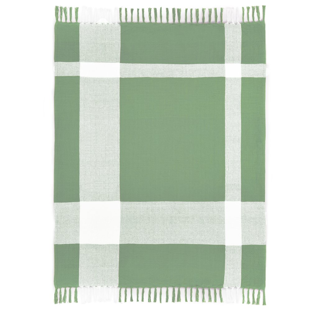 Light Green/White Tartan/Plaid Hand-Woven All-Natural Cotton Throw Blanket. Picture 1
