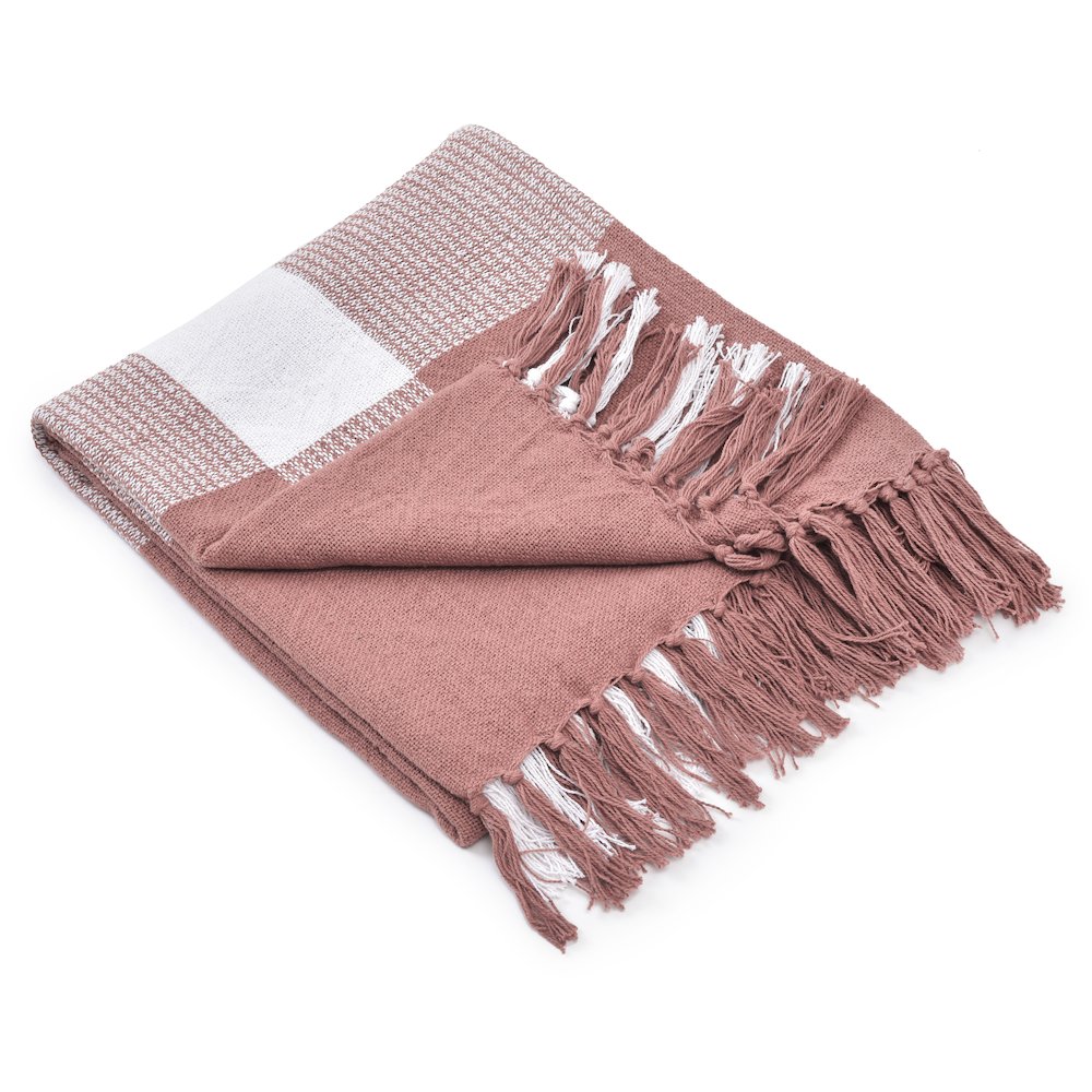 Pink/White Tartan/Plaid Hand-Woven All-Natural Cotton Throw Blanket. Picture 3