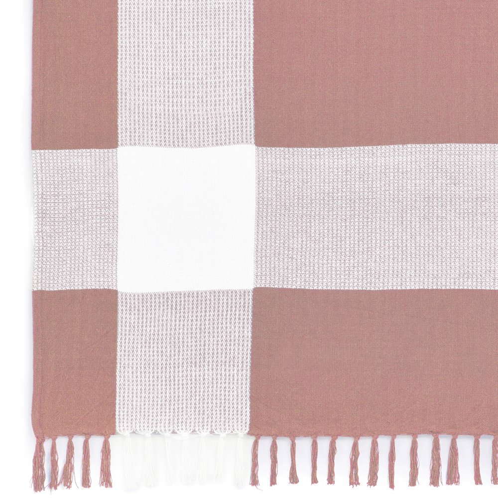 Pink/White Tartan/Plaid Hand-Woven All-Natural Cotton Throw Blanket. Picture 4