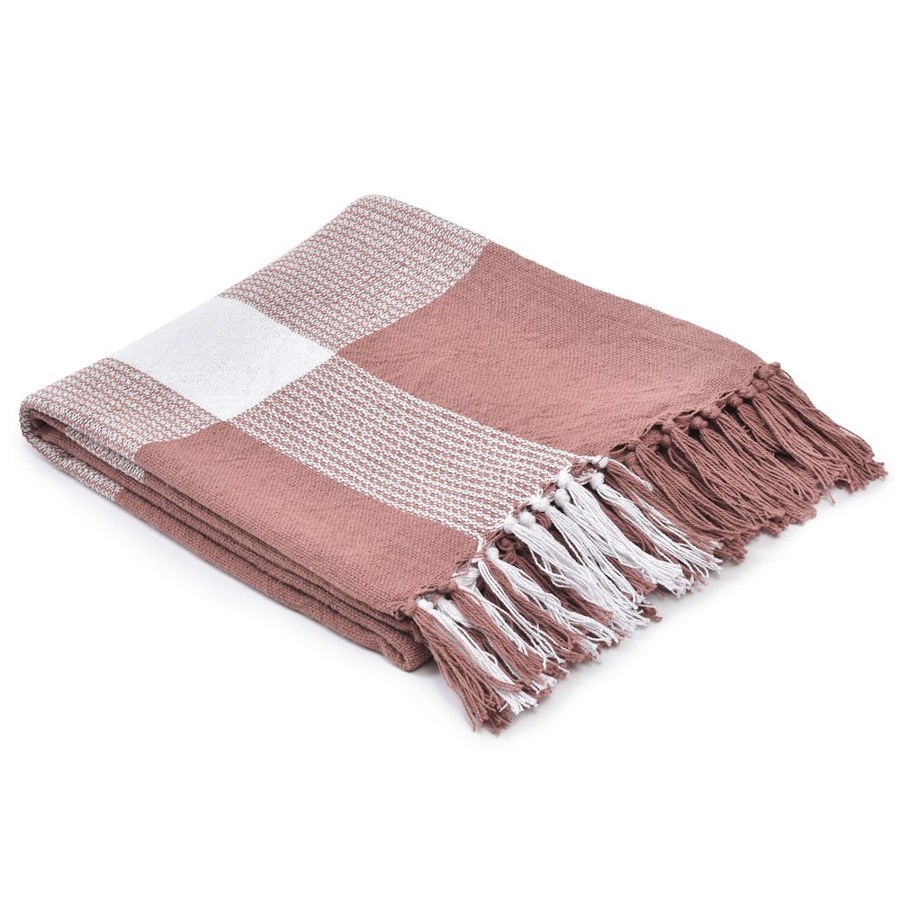 Pink/White Tartan/Plaid Hand-Woven All-Natural Cotton Throw Blanket. Picture 6
