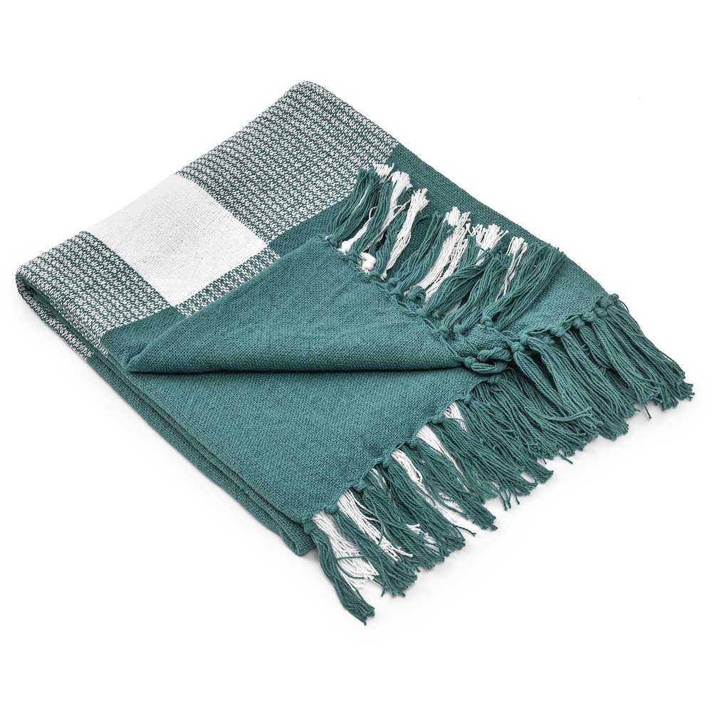 Pine Green/White Tartan/Plaid Hand-Woven All-Natural Cotton Throw Blanket. Picture 3