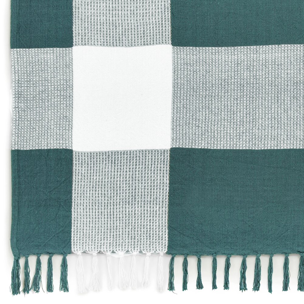 Pine Green/White Tartan/Plaid Hand-Woven All-Natural Cotton Throw Blanket. Picture 4