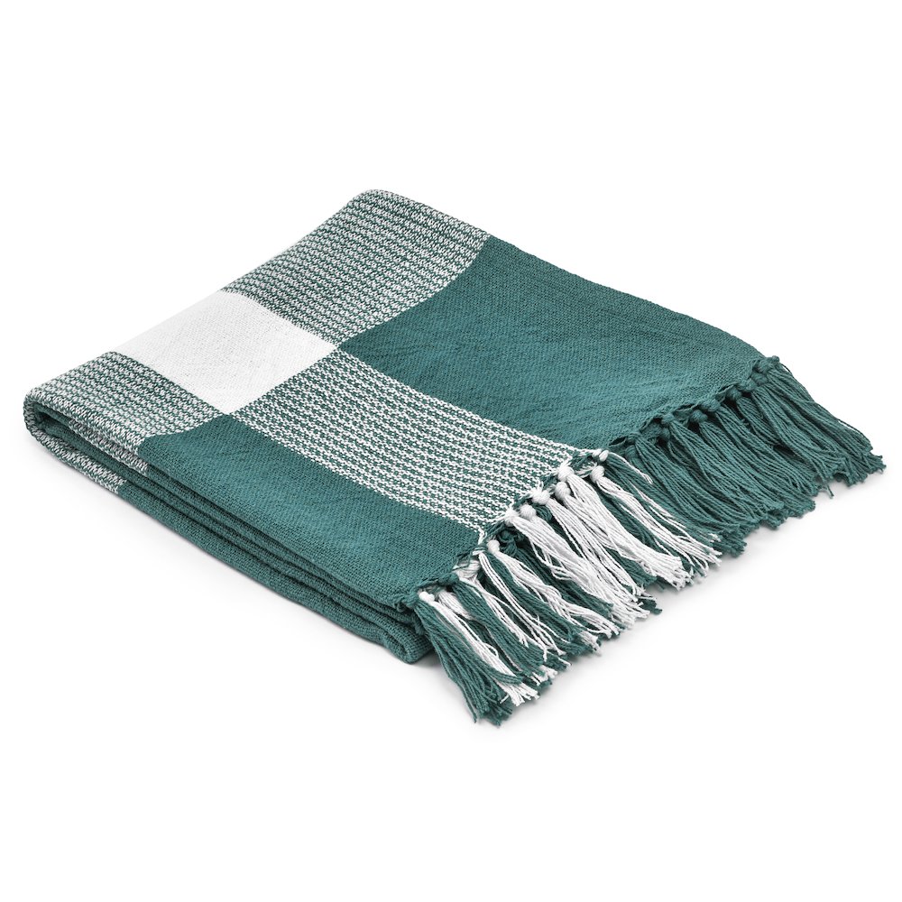 Pine Green/White Tartan/Plaid Hand-Woven All-Natural Cotton Throw Blanket. Picture 6