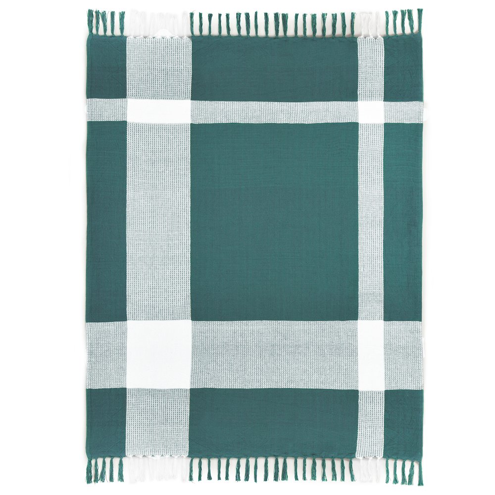 Pine Green/White Tartan/Plaid Hand-Woven All-Natural Cotton Throw Blanket. Picture 1